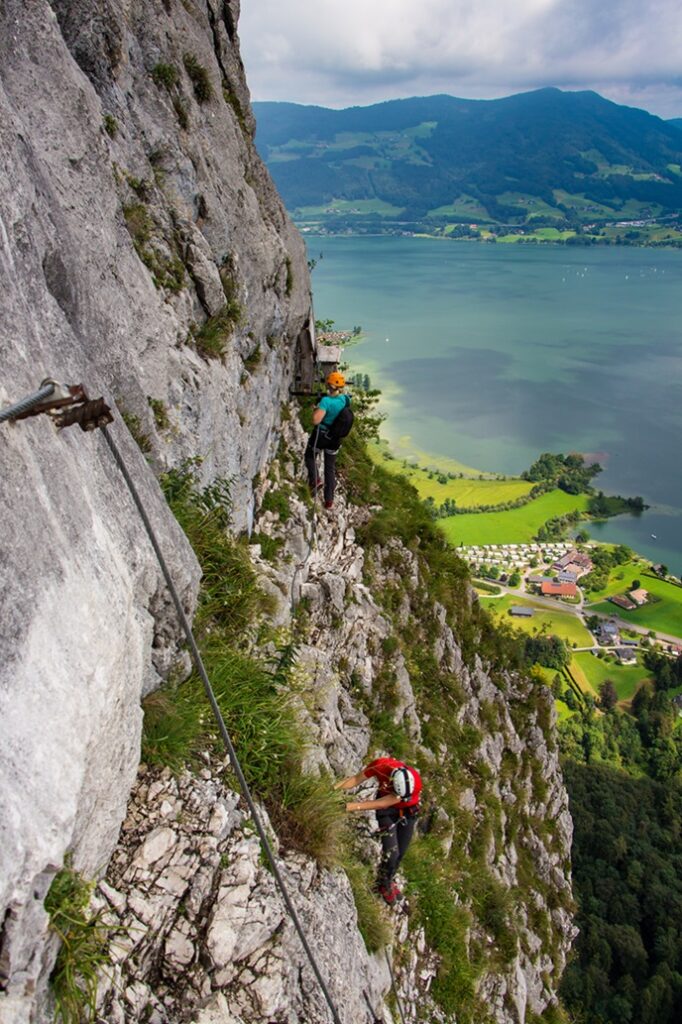 Via,Ferrata,Climbers,,Enjoying,Life.,Drachenwand,Klettersteig,,Mondsee,Austria