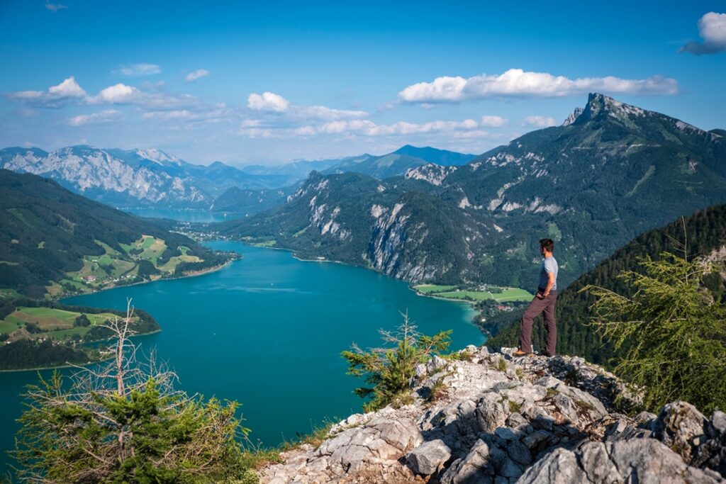 Austria-,State,Salzburg-,Lake,Mondsee,And,Schafberg-,Hiker,On,Viewpoint