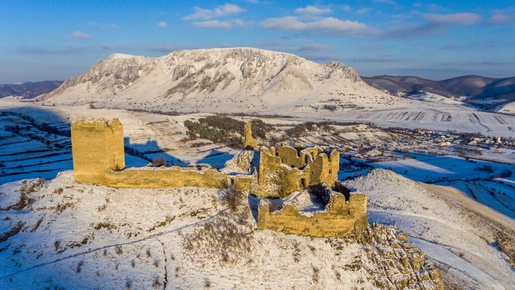 Drone,View,Of,The,Castle,Ruins,And,Village,At,Coltesti/torockoszentgyorgy