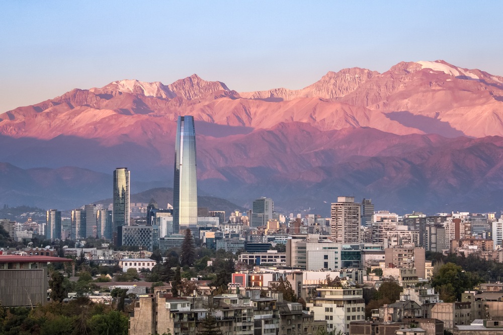 Aaerial,View,Of,Santiago,Skyline,At,Sunset,With,Costanera,Skyscraper