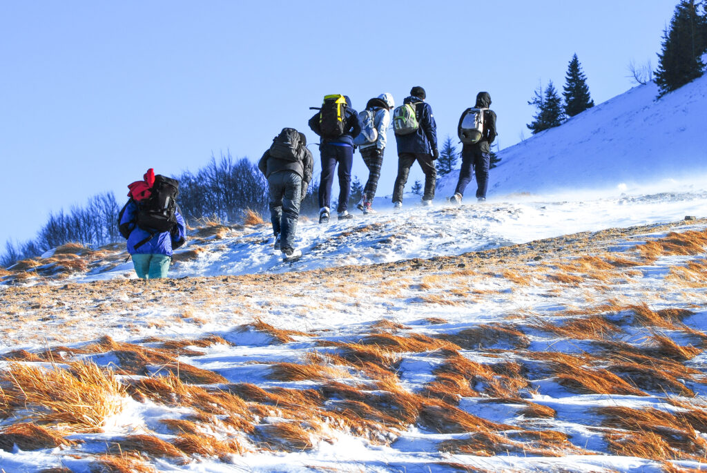 Group,Of,Tourists,Climb,The,Snow-capped,Mountains.,Carpathian,Mountains,Ukraine.