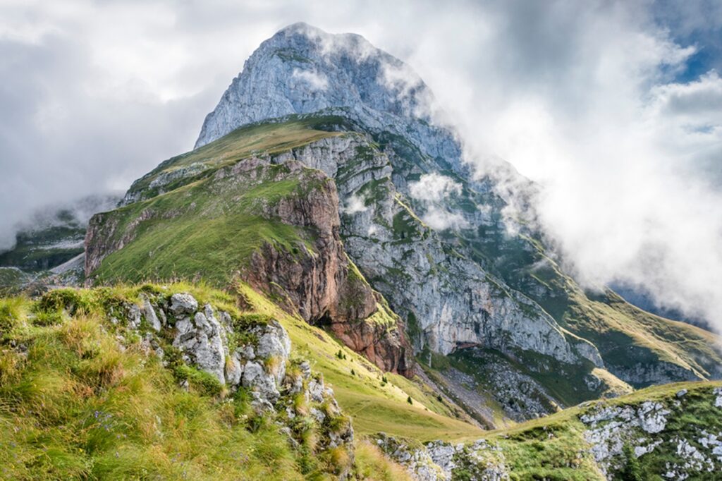 Mangart,Mountain,In,Clouds,,Julian,Alps,,Slovenia.,Morning,Mists,And