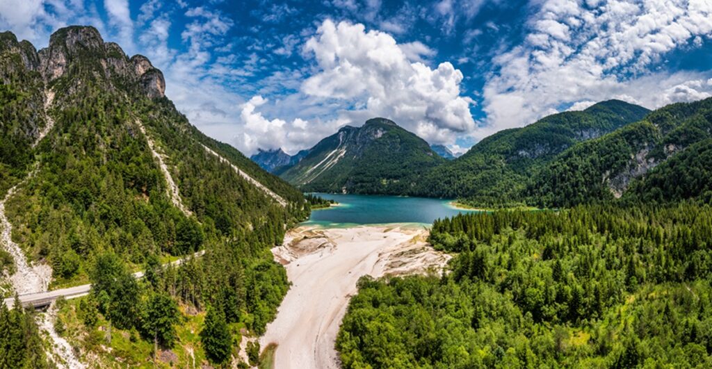 View,To,Julian,Alps,Mountains,Above,Predil,Lake,In,Italy