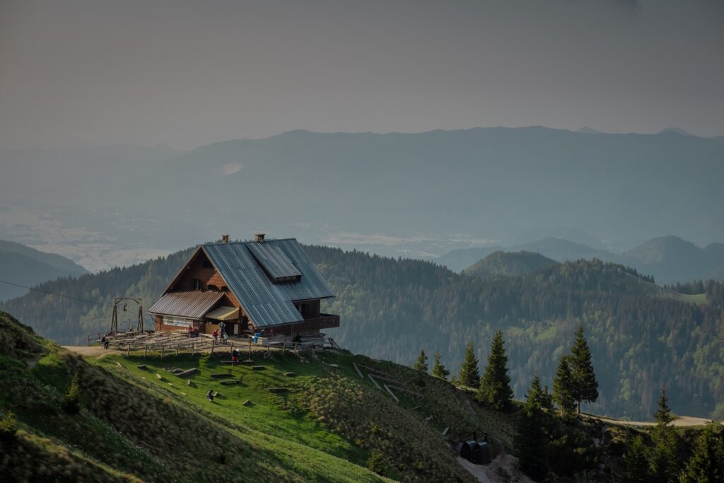 Beautiful,Alpine,Hut,On,Golica,Mountain,Visible,From,Above.,Nice