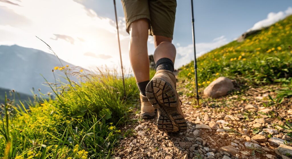 Close-up,Of,Female,Hikers,Legs,Walking,On,A,Mountain,Trail